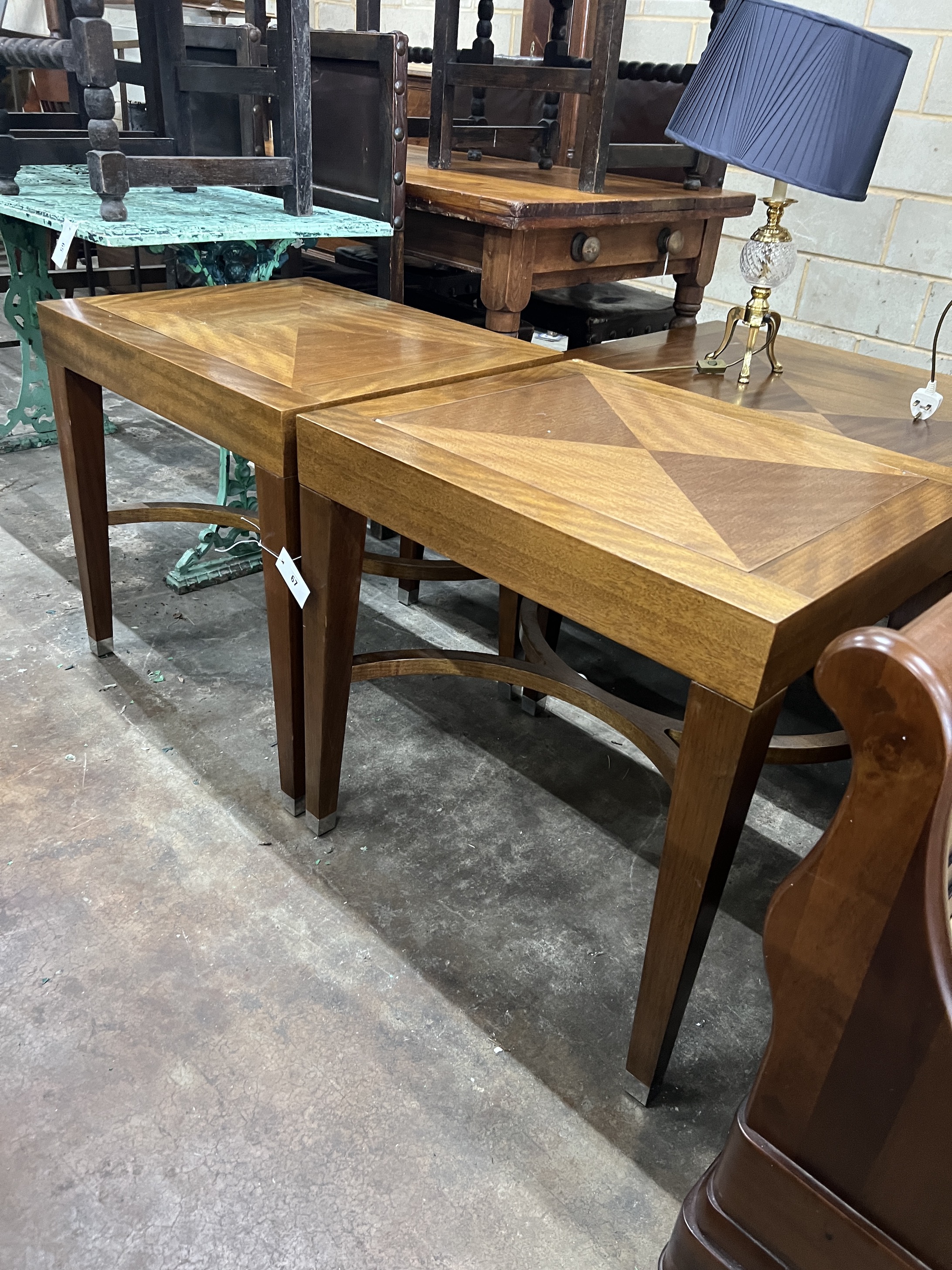 A pair of contemporary South African mahogany rectangular occasional tables, width 60cm, depth 50cm, height 60cm